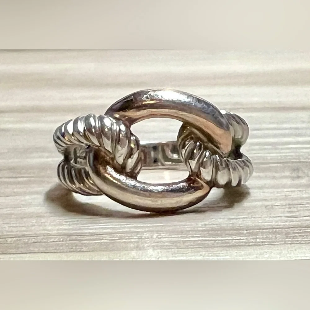 Designer Signed (B) Sterling Silver & Gold Wash Two Tone Twisted Cable Link Ring